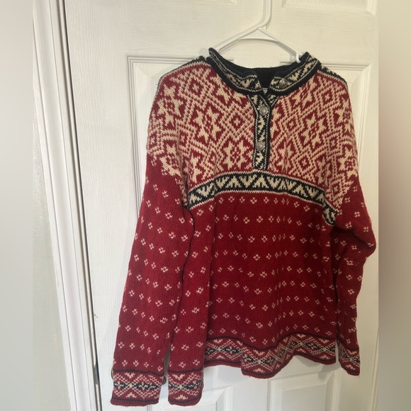 L.L. Bean Vintage Men’s Large red Nordic Fair Isle wool-blend sweater 1/4 button - Picture 2 of 13